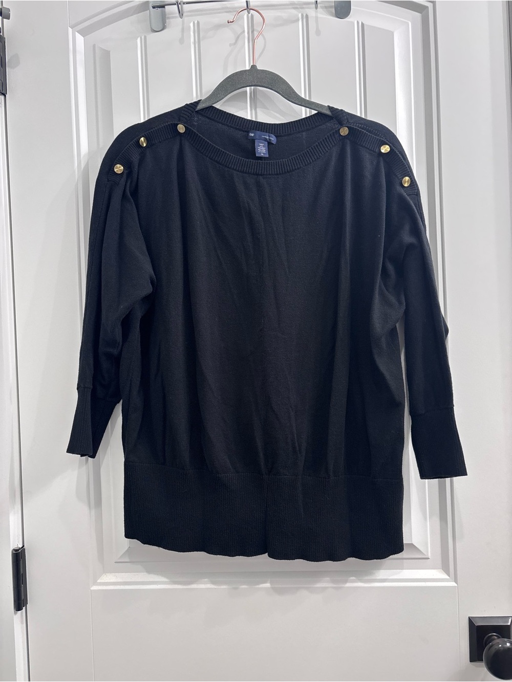 GAP Black Crewneck Sweater with Gold Button Shoulder Detail